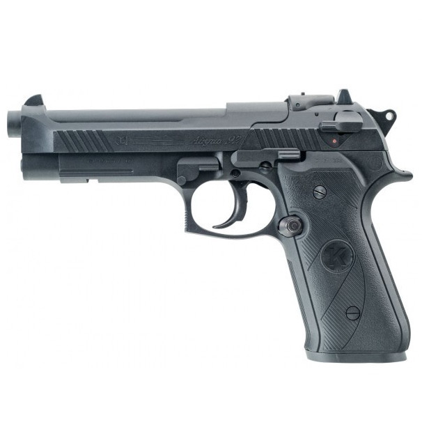 Pistolet à plombs Kimar AG92 noir vu du côté gauche, inscription Airgun 92 sur la culasse
