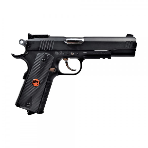 Bruni US Combat 1911 noir vu du côté droit, chien et détente nickelés