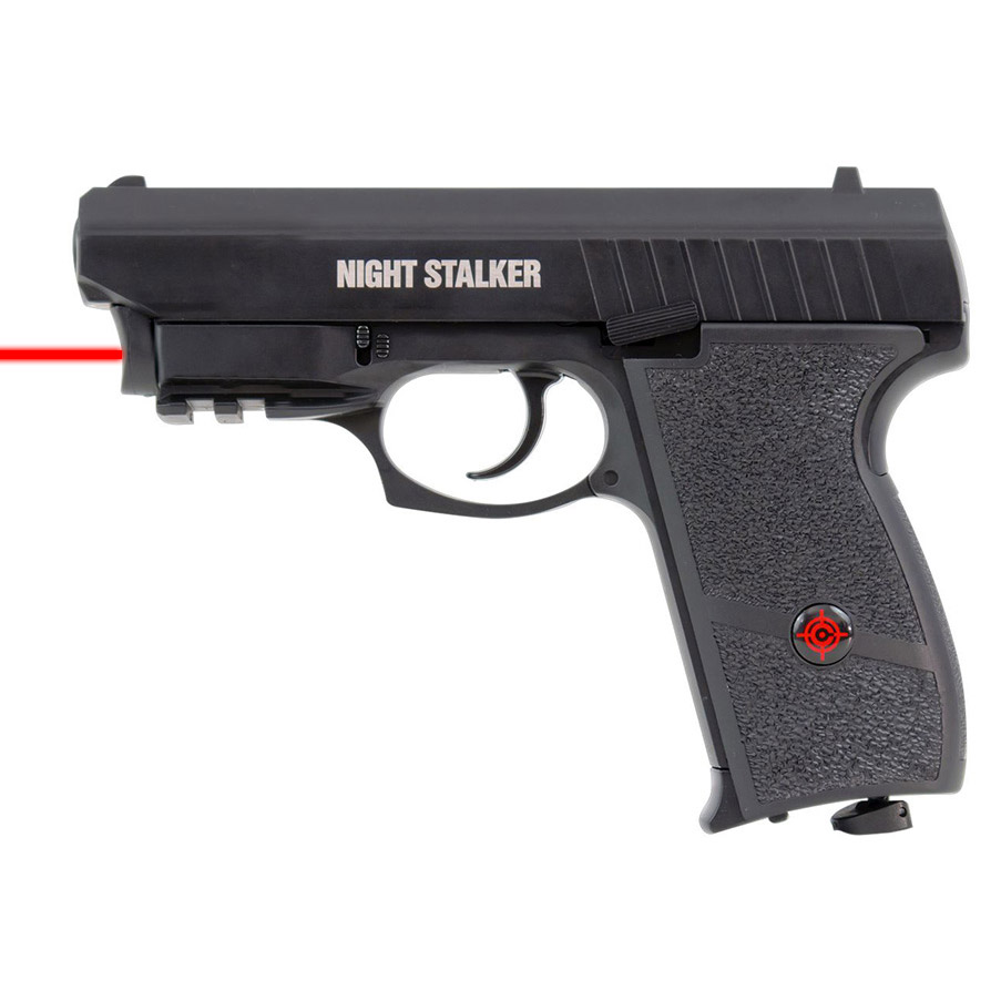 Pistolet Crosman Night Stalker noir vu du côté gauche, faisceau laser rouge allumé sous le canon