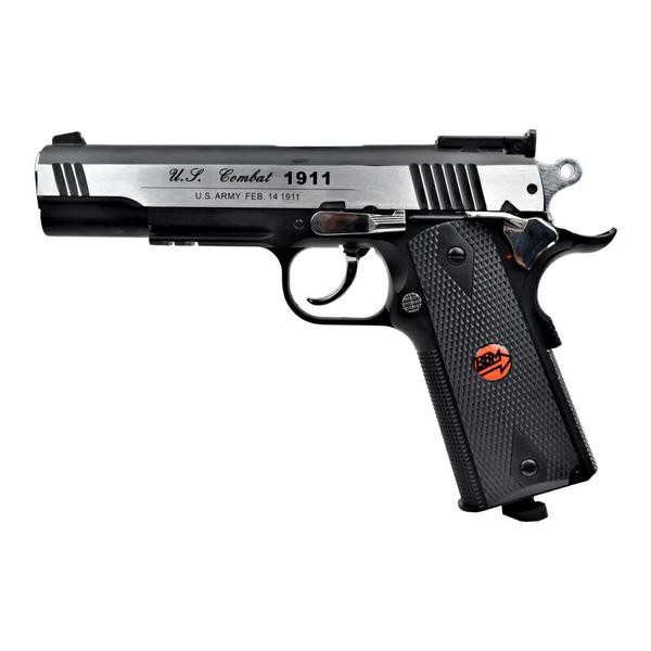 Pistolet Bruni US Combat 1911 à culasse argentée et carcasse noire, vu du côté gauche