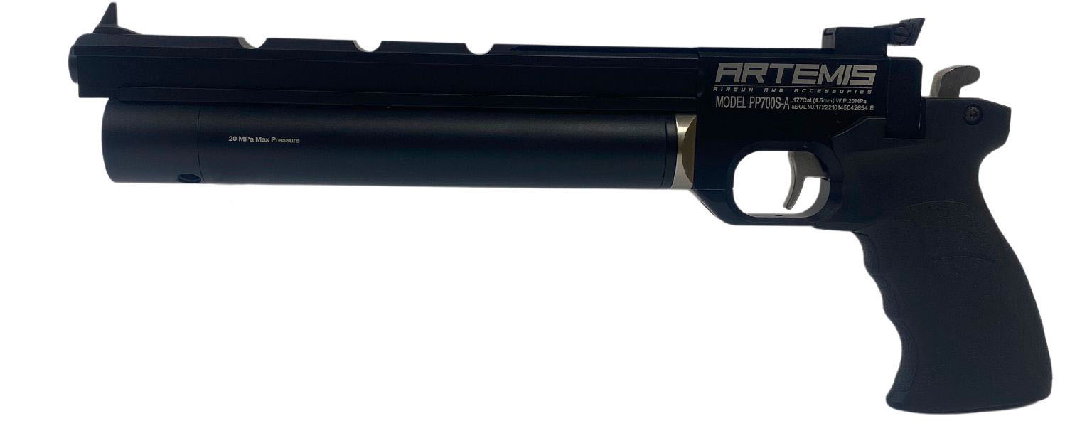 Pistolet PCP Artemis PP700S-A noir vu du côté gauche, réservoir d’air sous le canon