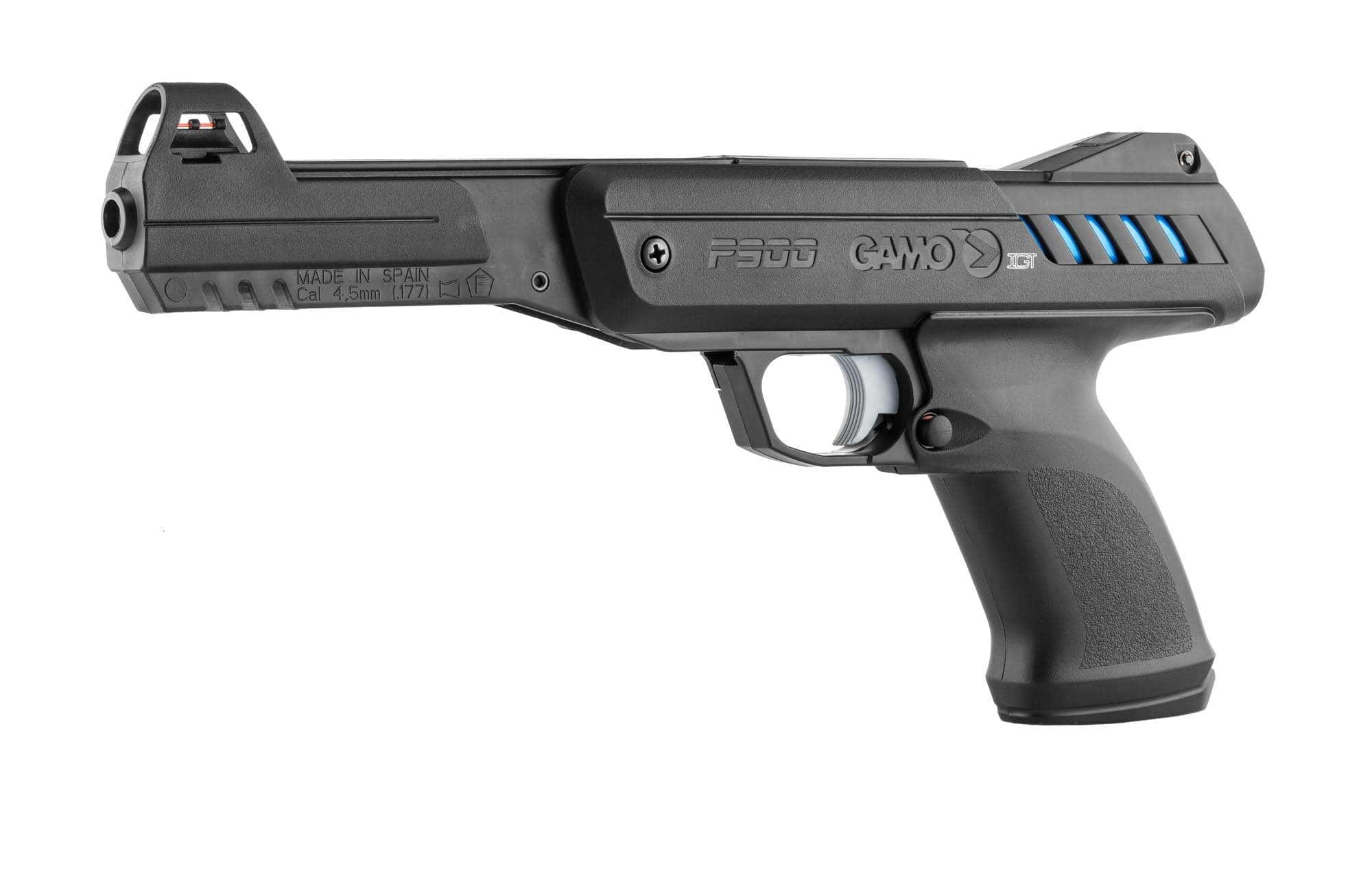 Pistolet Gamo P900 IGT noir vu du côté gauche, marquages P900, Gamo et IGT
