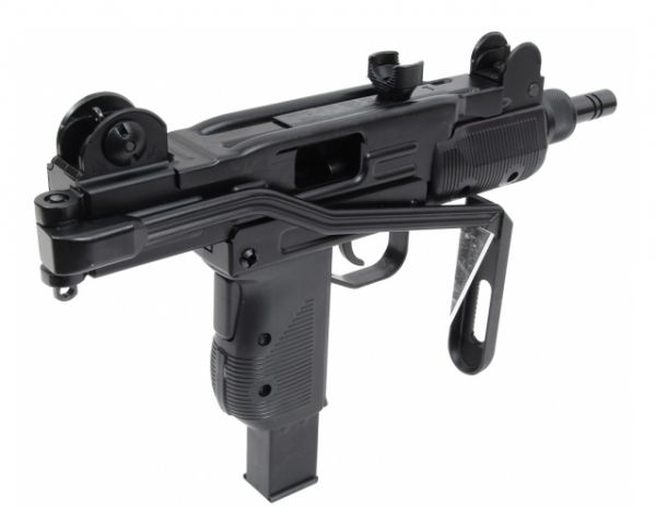 Cybergun Protector vu de trois quarts arrière, crosse repliée le long du boîtier