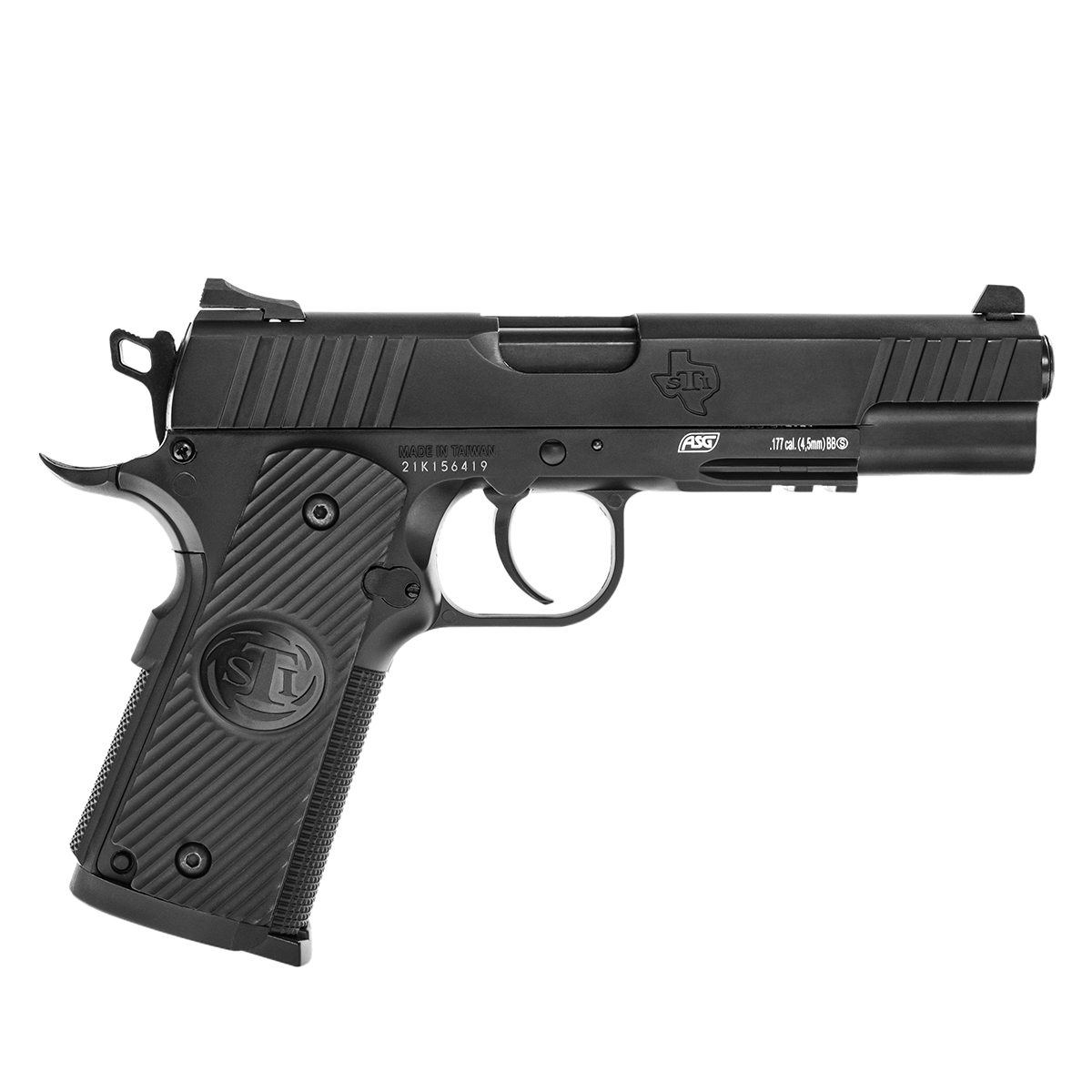 Côté droit du pistolet CO2 ASG STI Duty One blowback, logo ASG et marquage .177 cal (4,5 mm) BB
