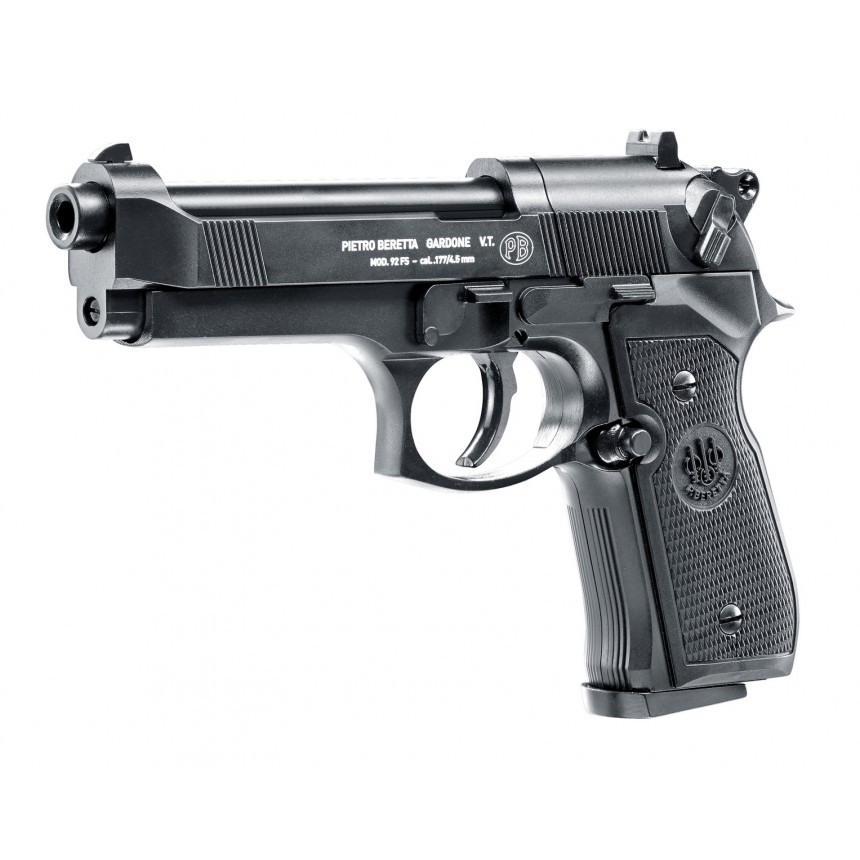 Pistolet à plomb Umarex Beretta 92 FS noir vu de trois quarts avant gauche