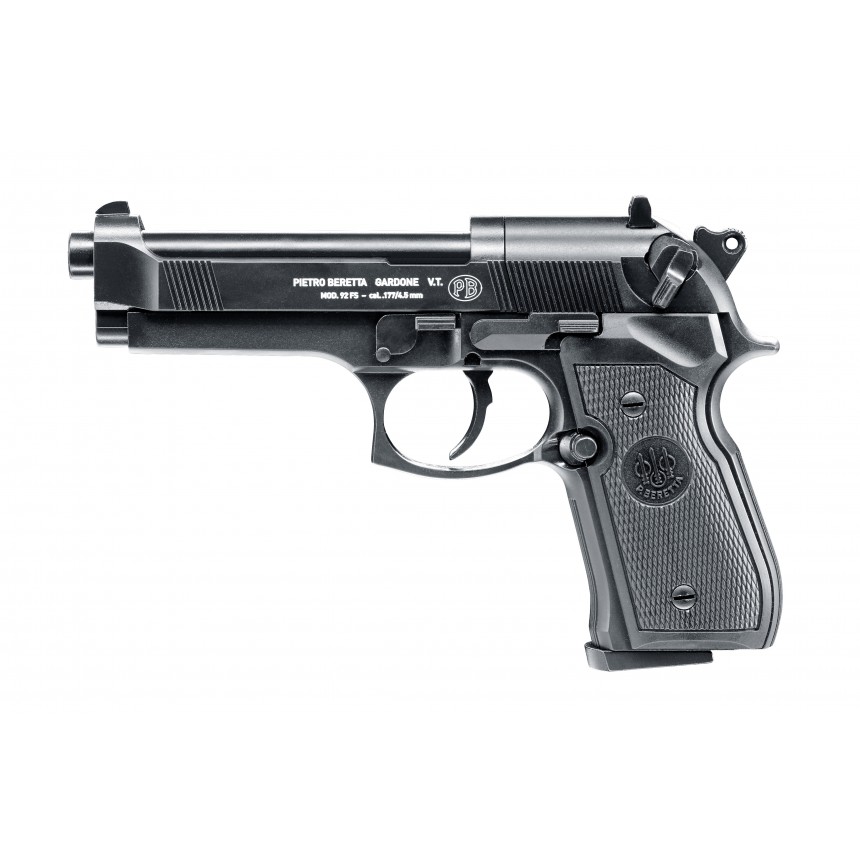 Côté gauche du Beretta 92 FS Umarex, marquage Pietro Beretta Gardone V.T. sur la glissière
