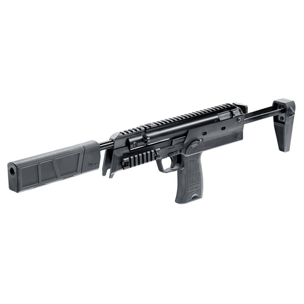 Umarex MP7 SD vu de trois quarts, rail Picatinny supérieur et rail latéral