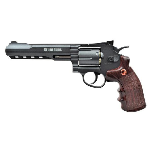 Revolver CO2 Bruni CN821 6 pouces noir à crosse aspect bois, marquage Bruni Guns sur le canon