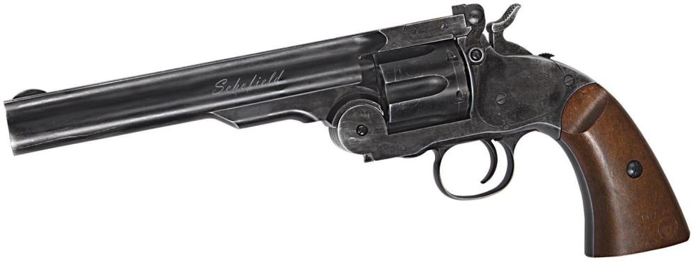 ASG Schofield noir vieilli vu de profil, patine apparente sur la carcasse