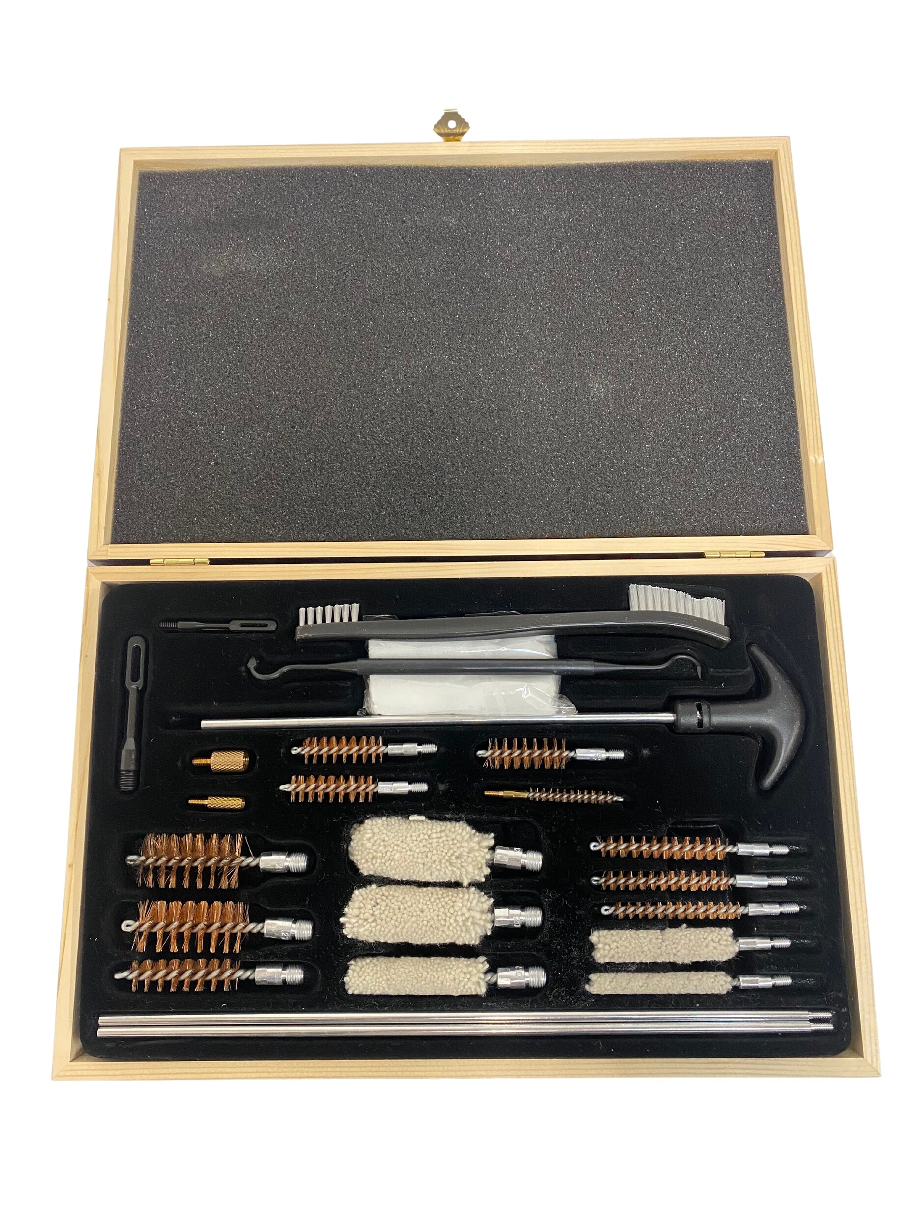 Kit de nettoyage 24 pièces vu de dessus dans son coffret en bois, couvercle garni de mousse