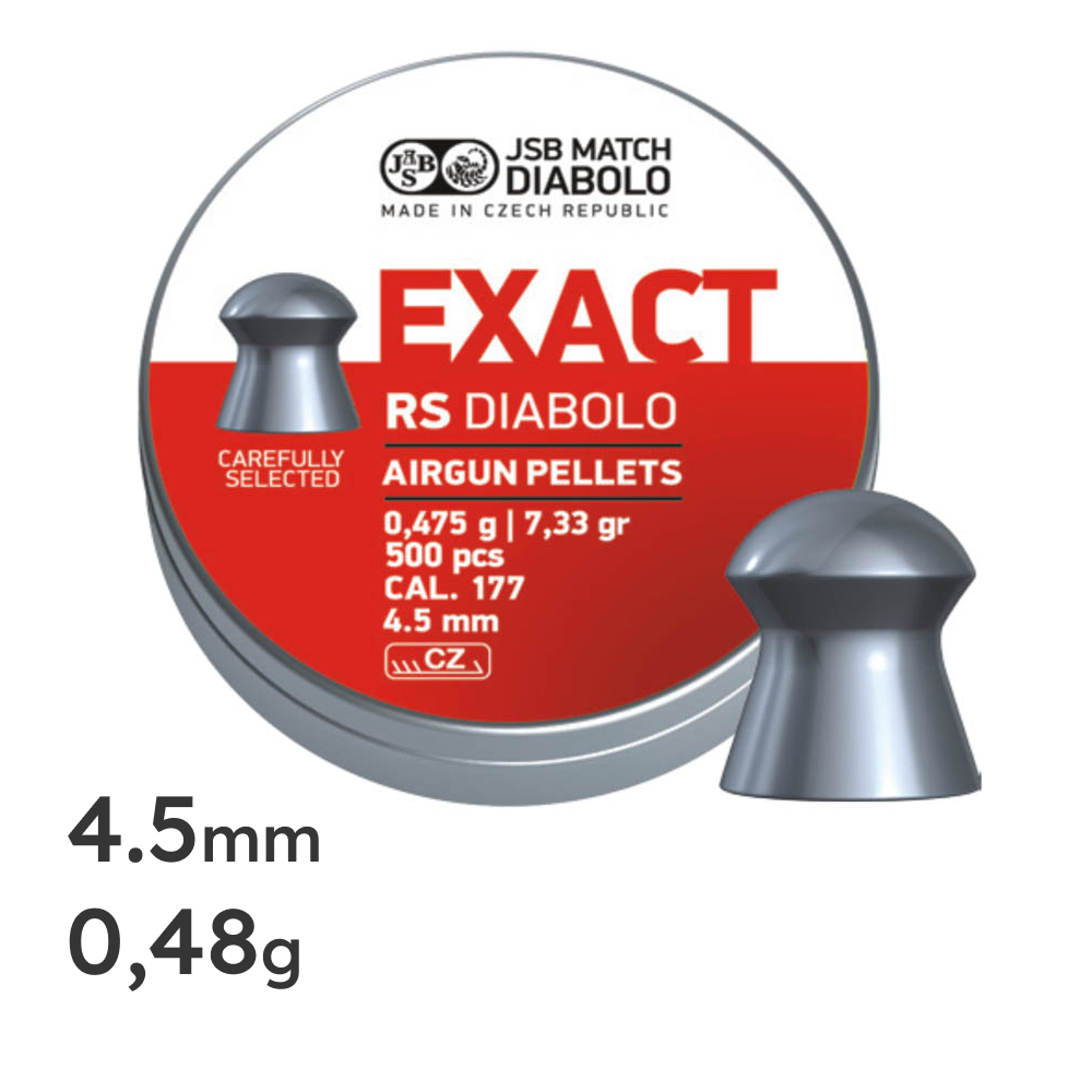 Boîte rouge et blanche JSB Exact RS Diabolo 500 pcs calibre 4,5 mm et plomb à tête ronde en gros plan