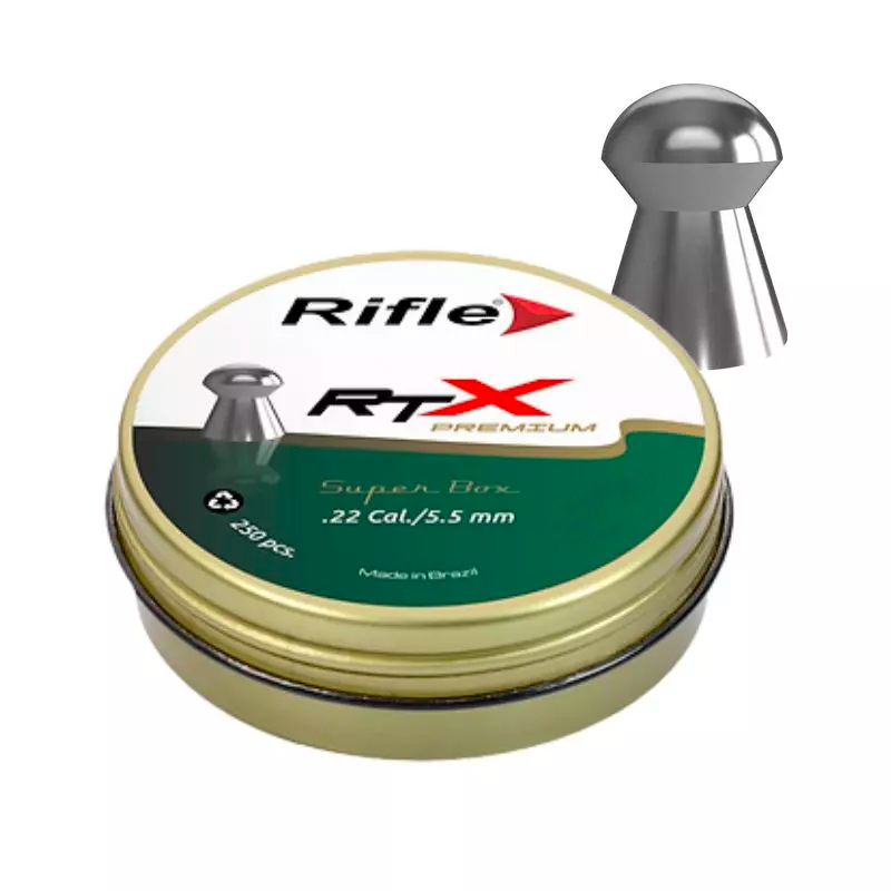 Boîte Rifle RTX .22 de 250 plombs, étiquette blanche et verte, et plomb diabolo à tête ronde
