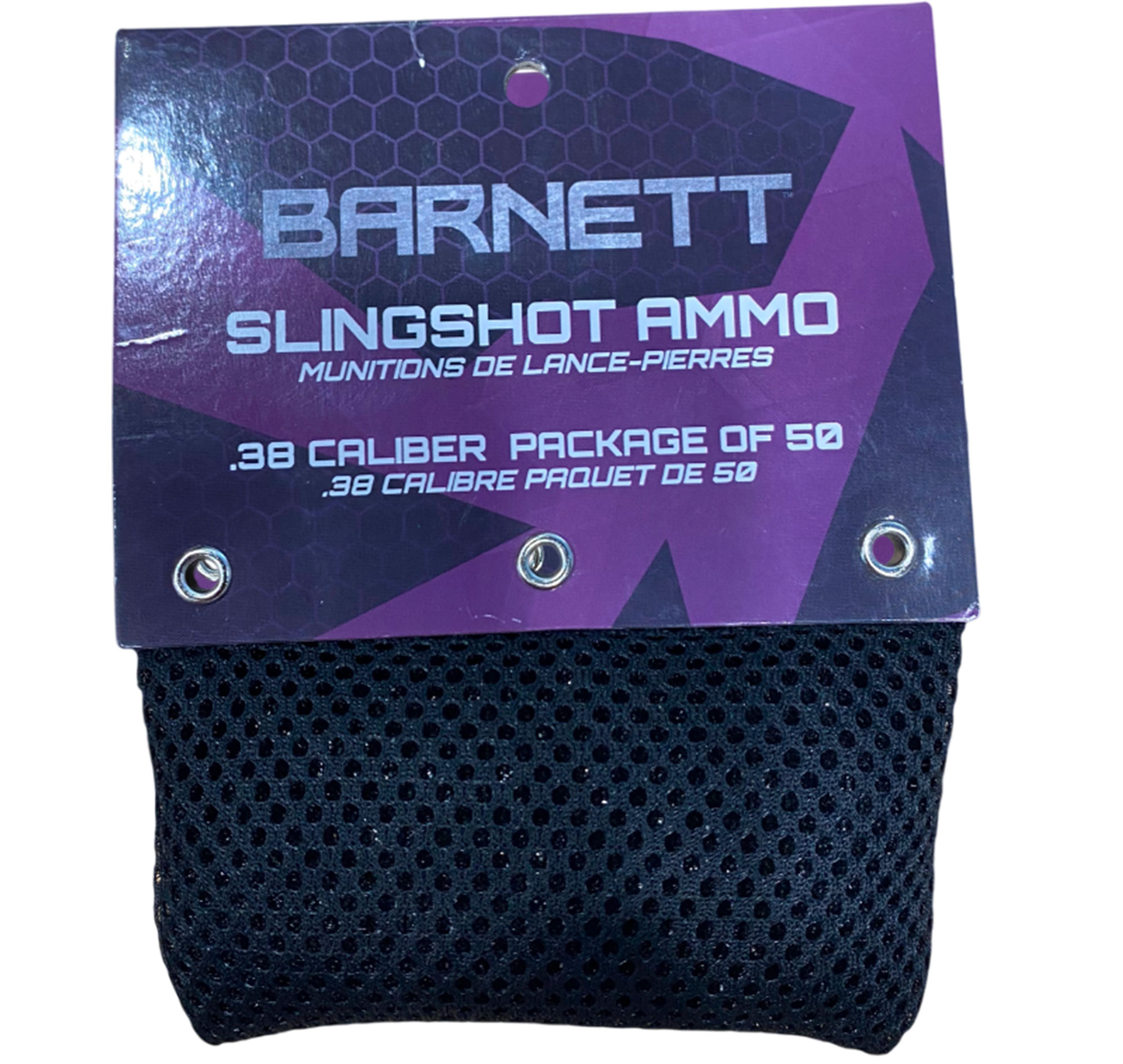 Sachet de 50 billes Barnett calibre .38 pour lance-pierre, pochette en filet noir sous carton violet