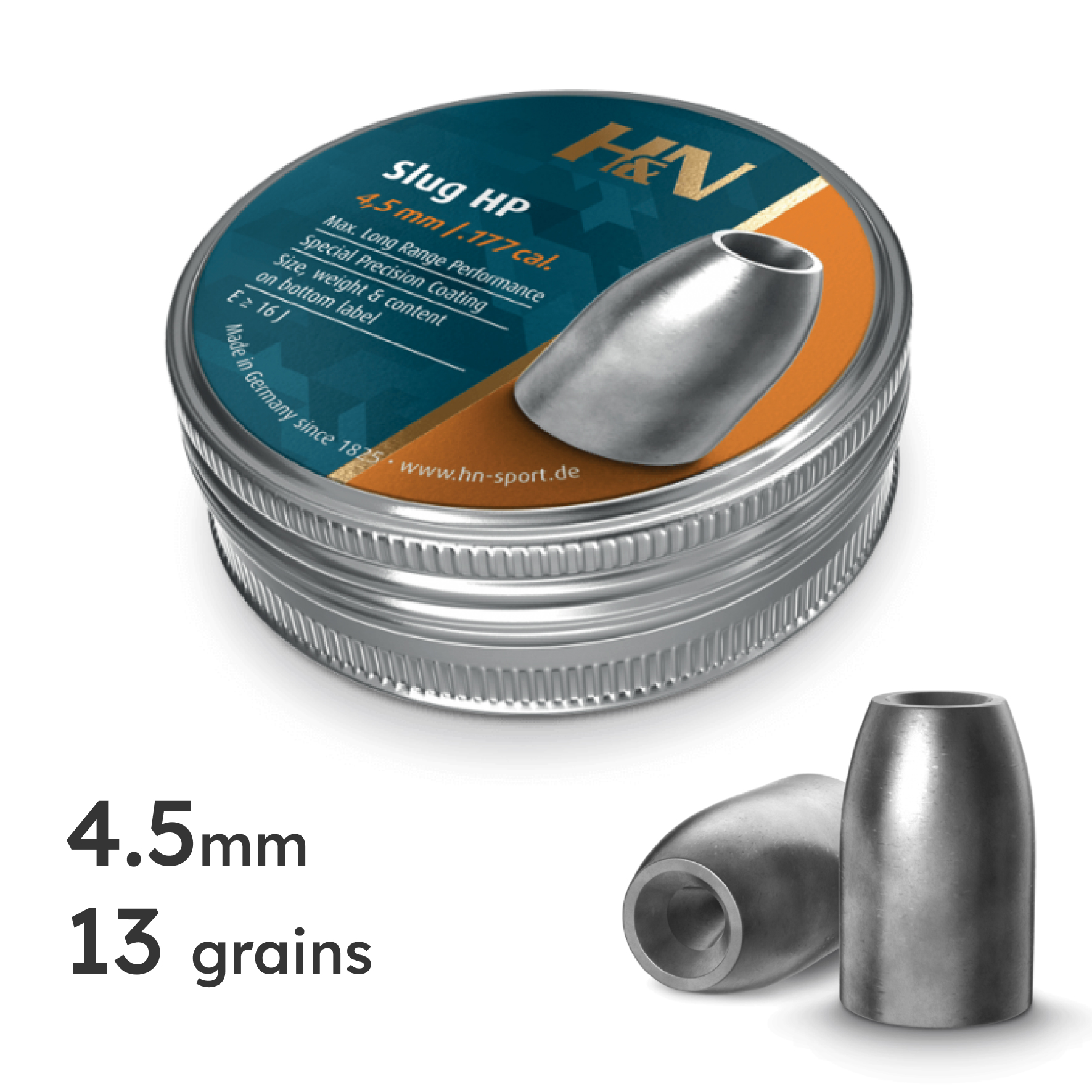 Boîte de slugs H&amp;N Slug HP 4,5 mm 13 grains et deux projectiles à tête creuse posés devant