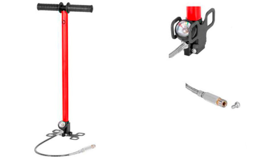Pompe PCP Gamo avec détails du manomètre et de l’embout Quick Connect du flexible