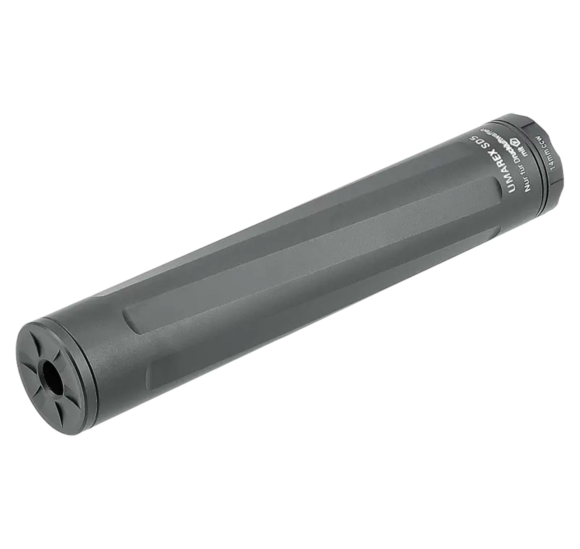 Modérateur de son Umarex SD5 gris en aluminium, gravure Umarex SD5 et bague marquée 14mm CCW