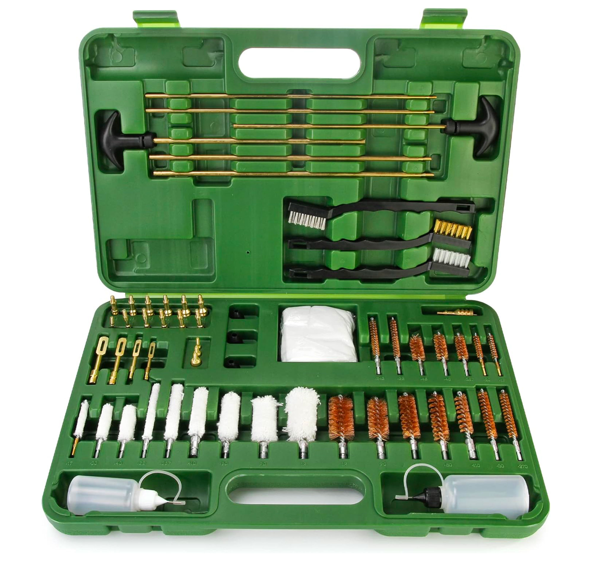 Mallette de nettoyage verte ouverte : tiges en laiton, brosses, écouvillons, embouts et deux flacons