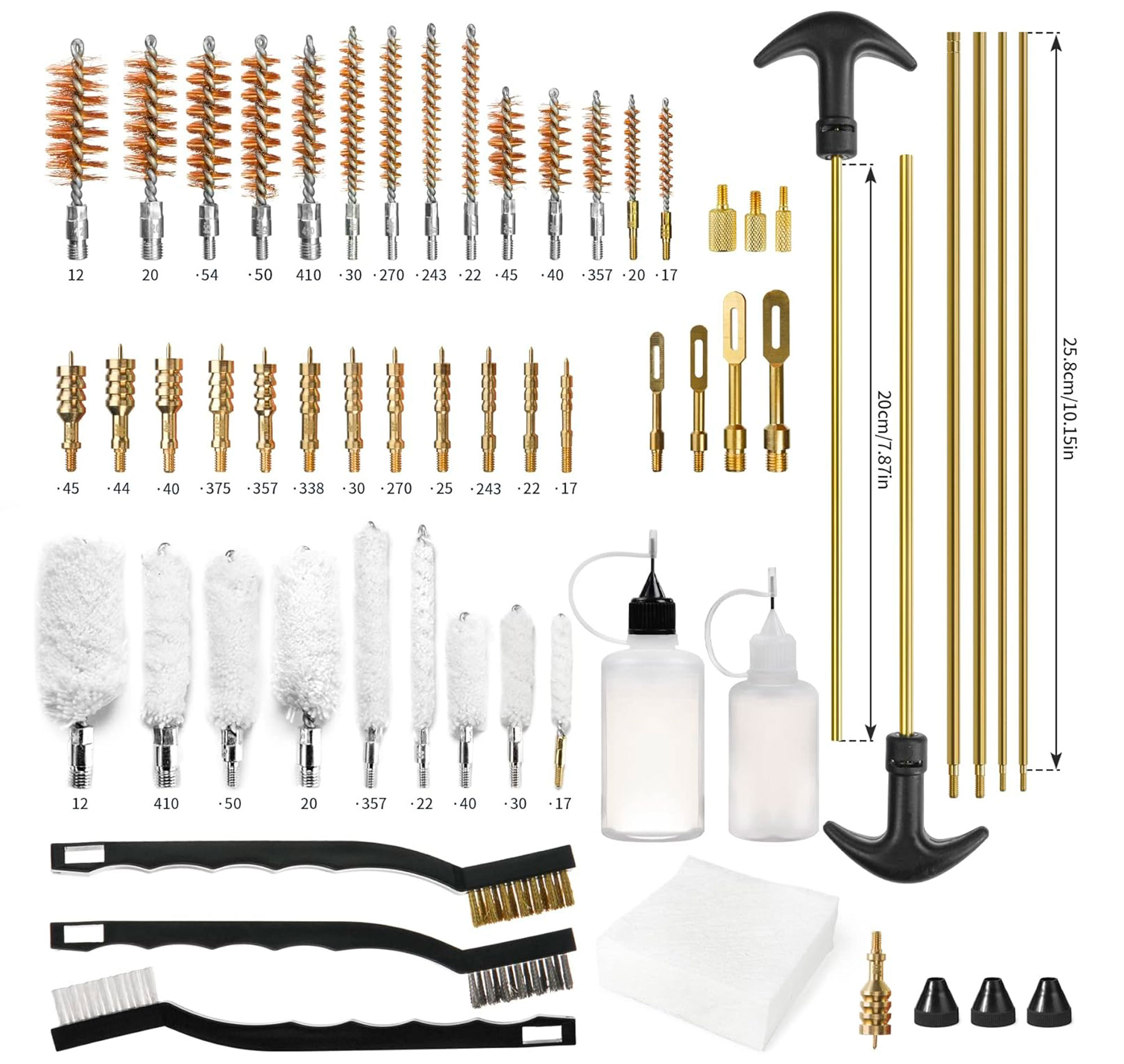 Contenu du kit de nettoyage étalé, brosses et écouvillons repérés par calibre, tiges de 20 et 25,8 cm