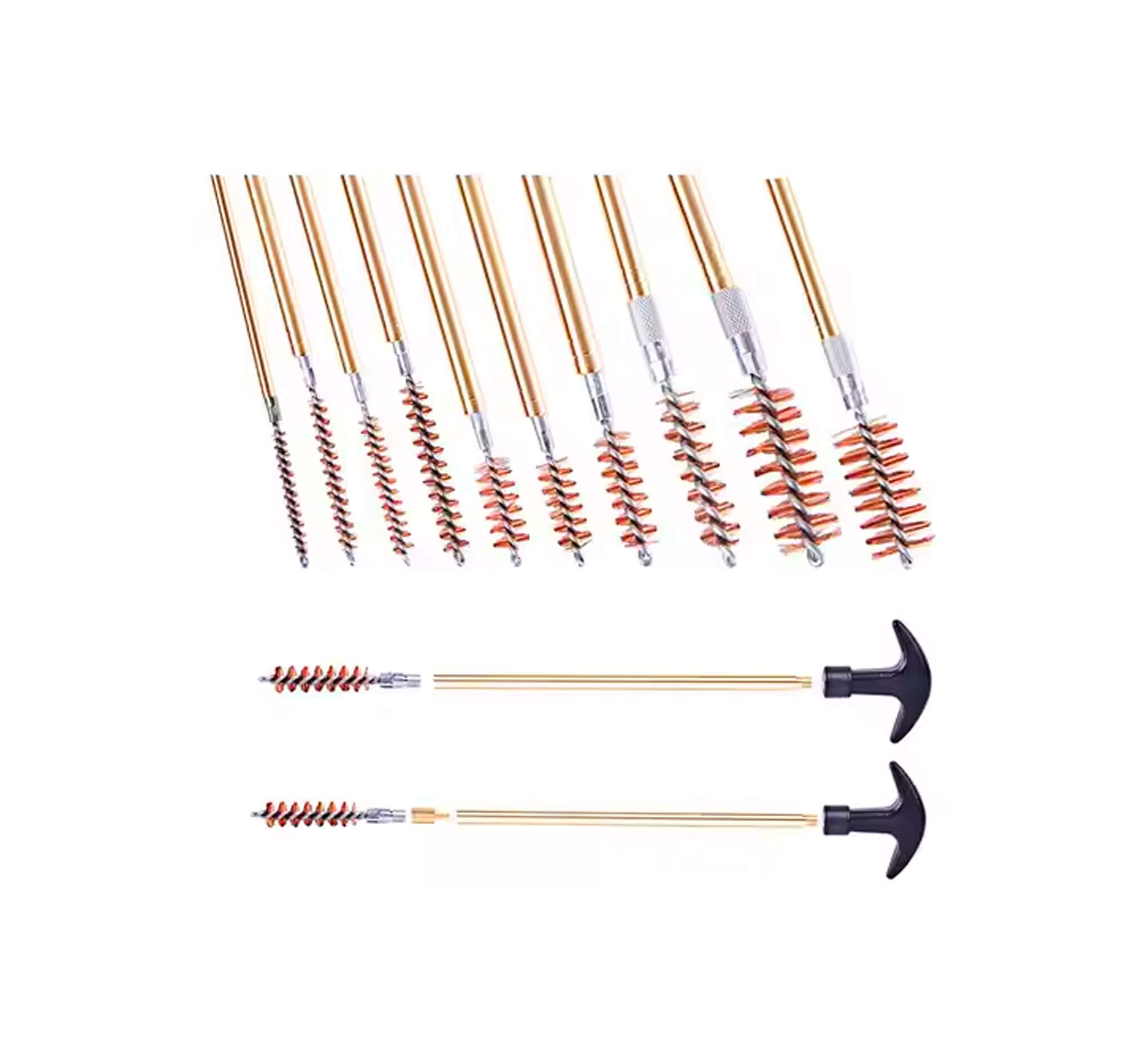 Brosses métalliques de différents diamètres vissées sur les tiges en laiton à poignée en T