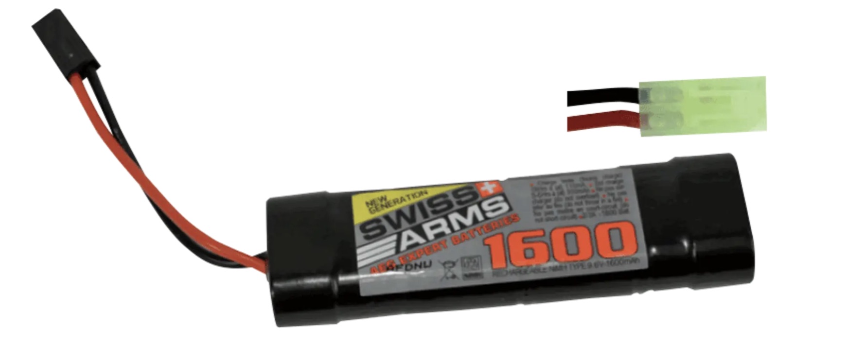 Batterie Swiss Arms 1600 vue de profil, avec un gros plan sur le connecteur mini Tamiya vert