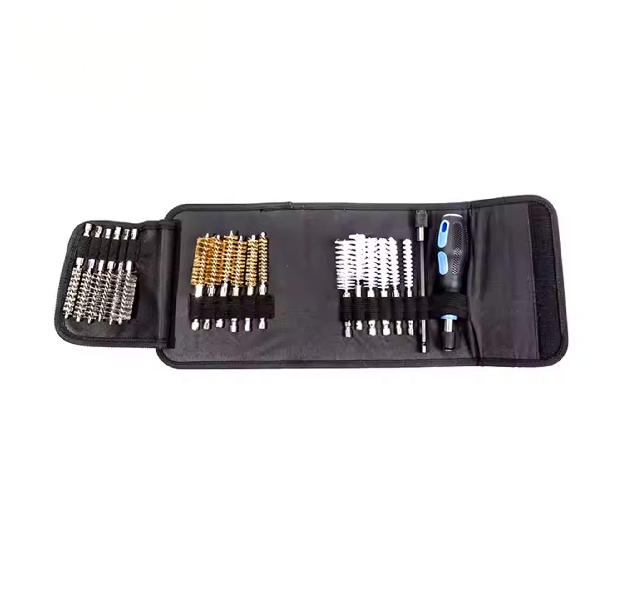 Trousse de nettoyage noire ouverte à plat : trois séries de brosses, rallonge et poignée bleue et noire