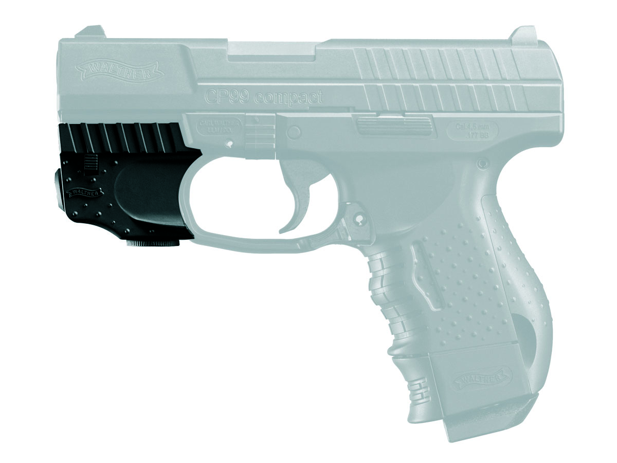 Laser noir marqué Walther monté sous le canon d’un pistolet CP99 Compact représenté en gris