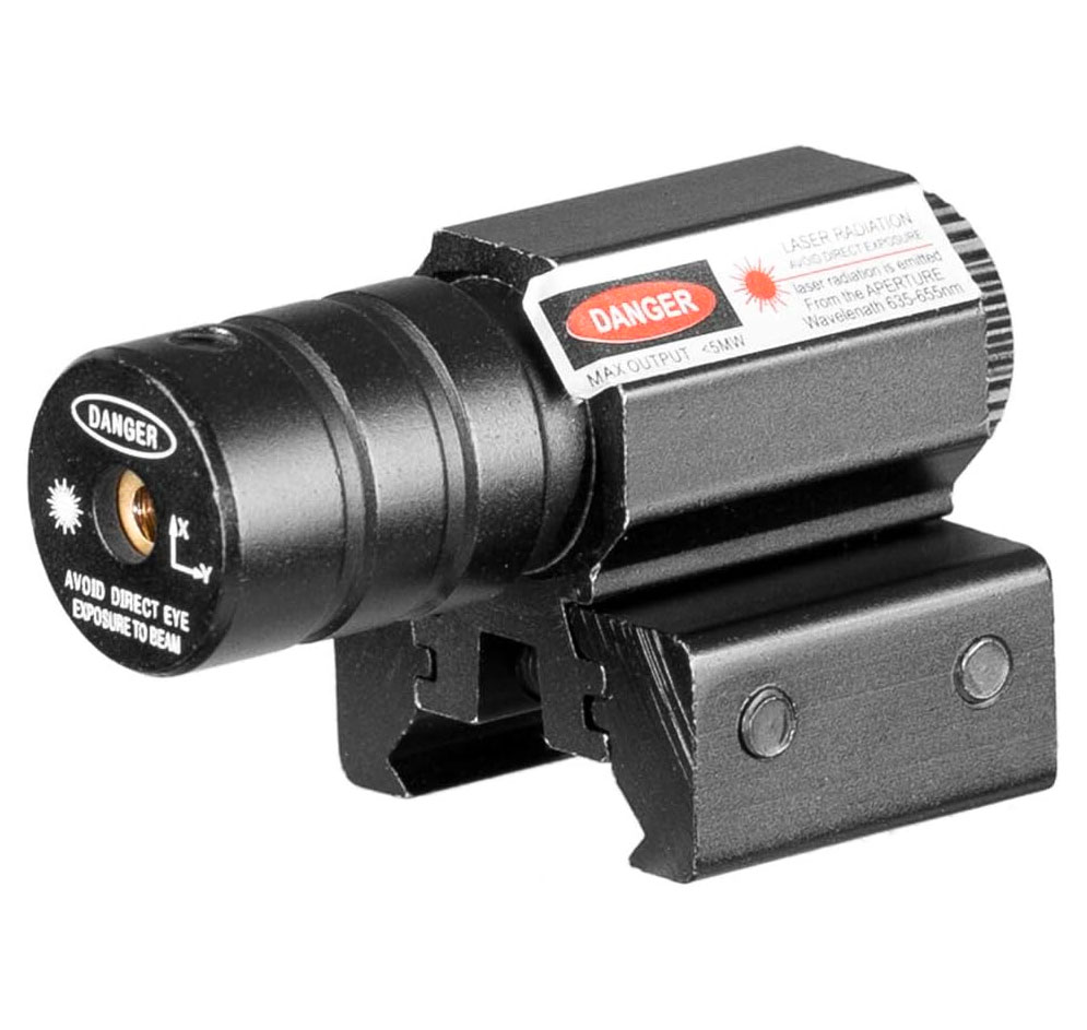 Micro laser rouge sur son montage pour rail, étiquette indiquant moins de 5 mW