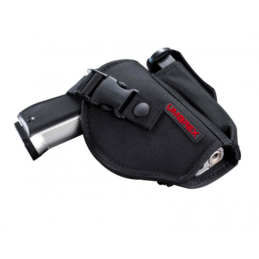 Holster Umarex en tissu noir avec sangle à boucle clip et porte-chargeur, pistolet en place pour illustration
