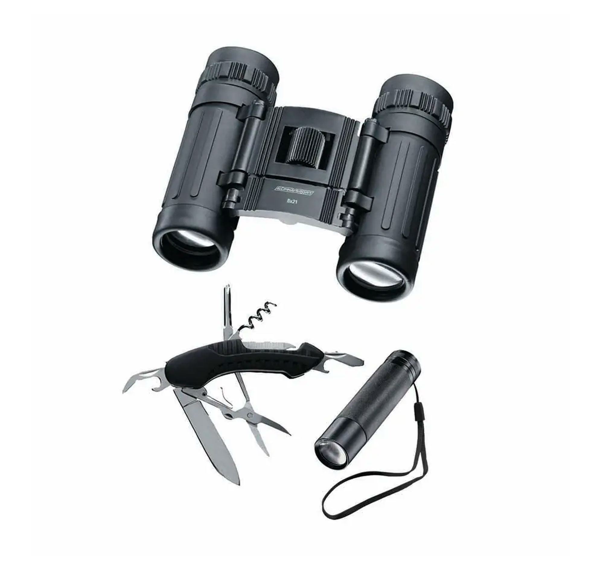 Jumelles noires 8x21, couteau multifonction aux outils déployés et lampe noire à dragonne