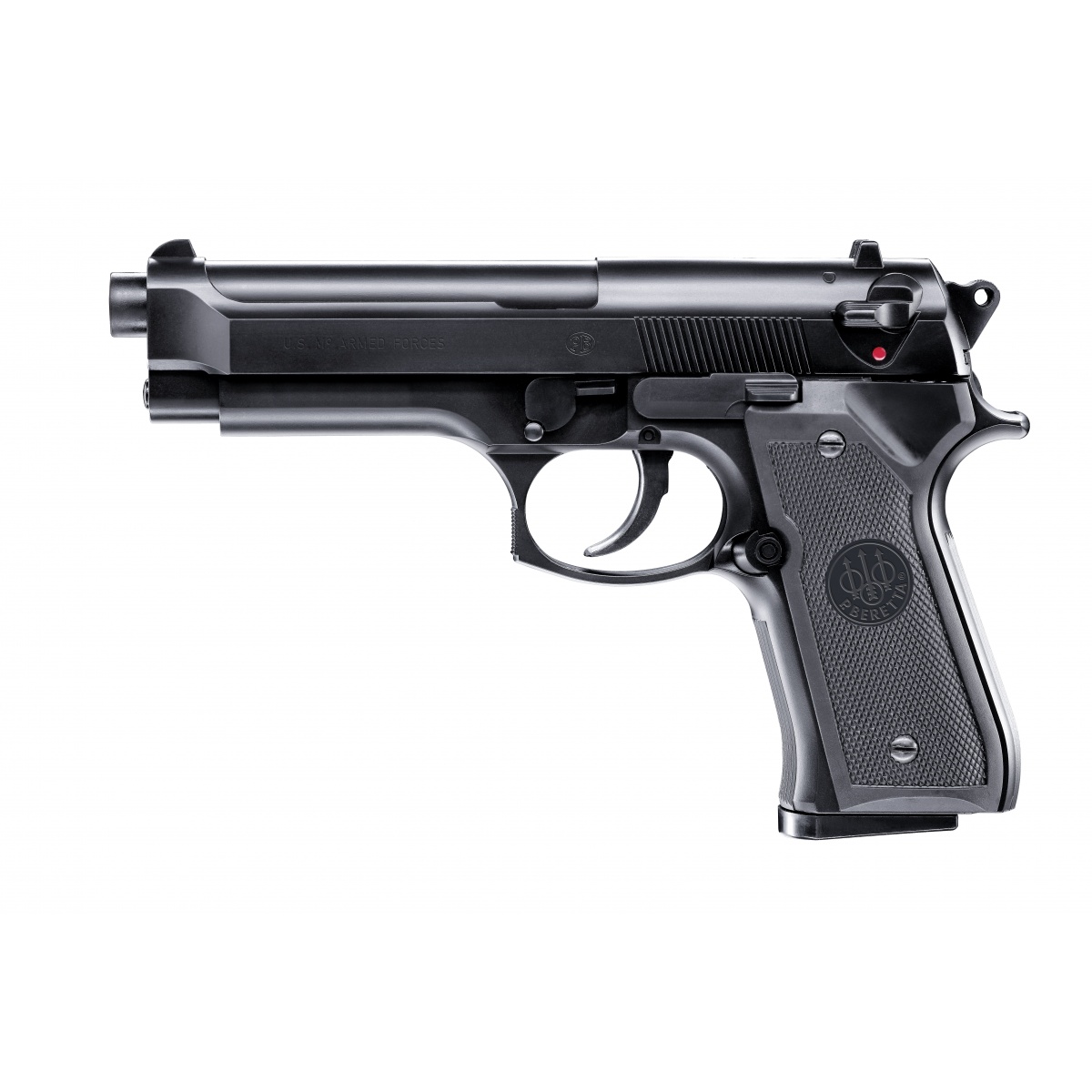Pistolet à billes Beretta M9 World Defender noir vu du côté gauche, logo Beretta sur la plaquette de poignée