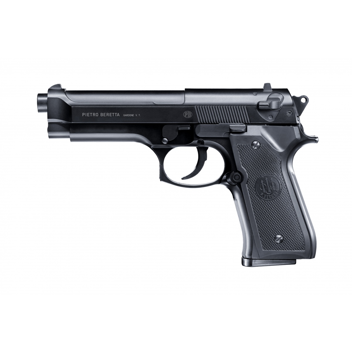 Beretta M92 FS à ressort vu du côté gauche, logo Beretta sur la plaquette de poignée et anneau de dragonne