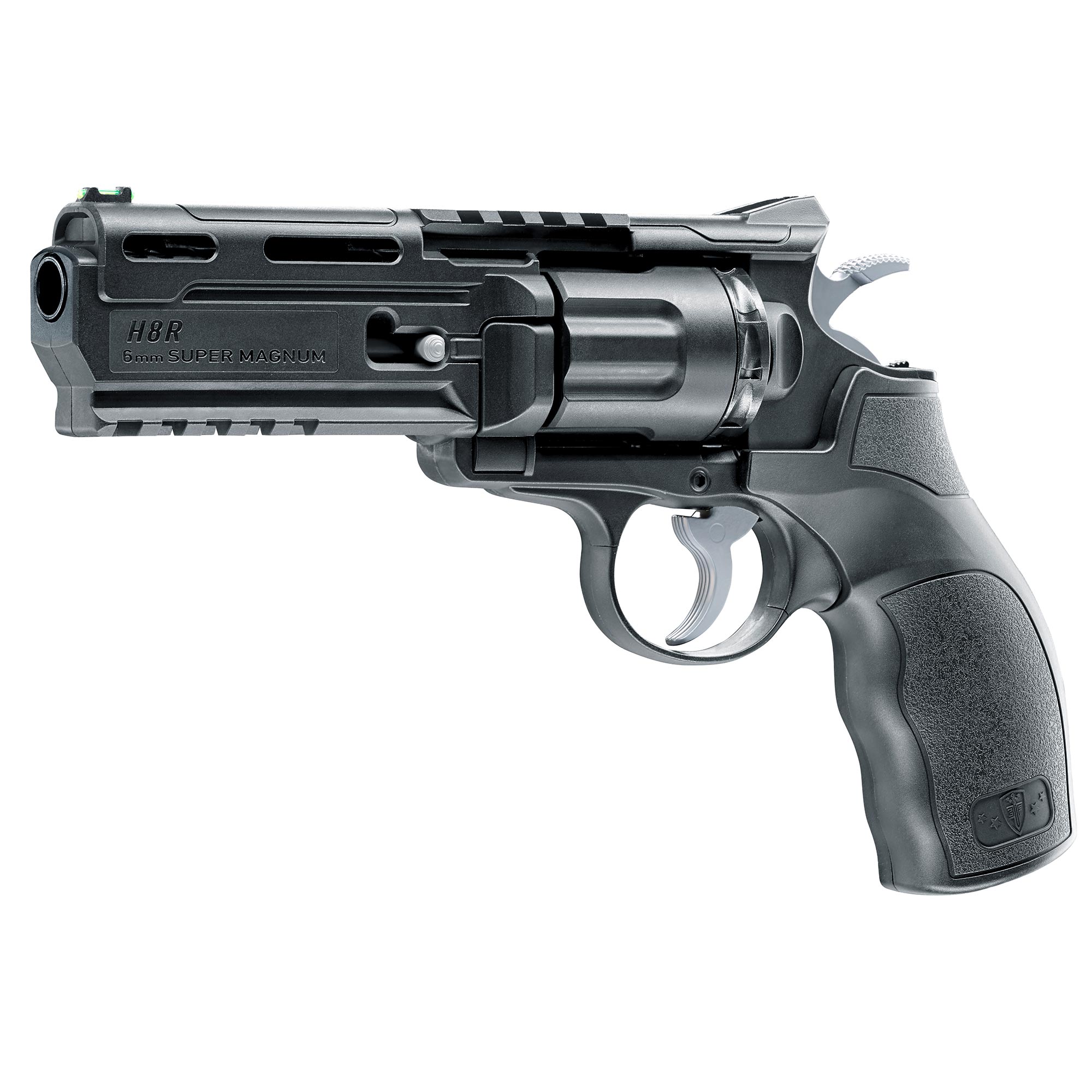 Revolver airsoft Elite Force H8R Gen2 noir vu de trois quarts avant, marquage H8R sur le canon