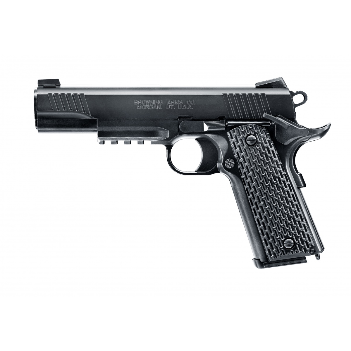 Browning 1911 HME vu du côté gauche, plaquettes de poignée en relief et anneau de dragonne