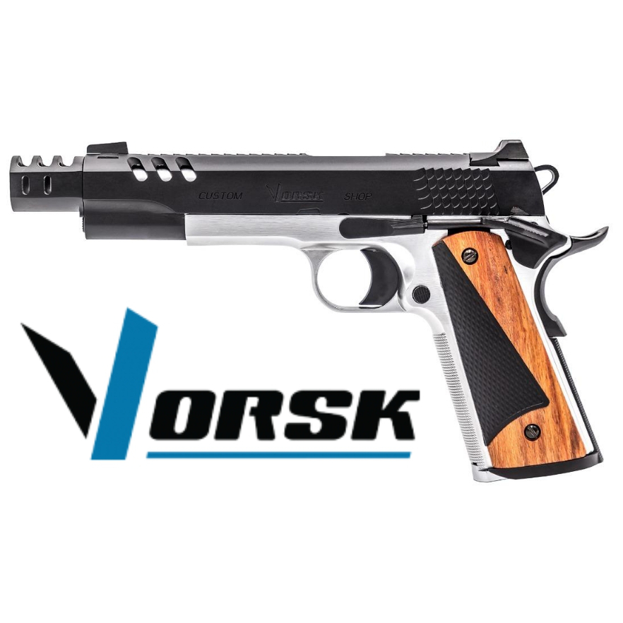 Vorsk CS Defender Pro MEU bicolore vu du côté gauche : carcasse argentée, glissière noire ajourée, plaquettes bois et noir