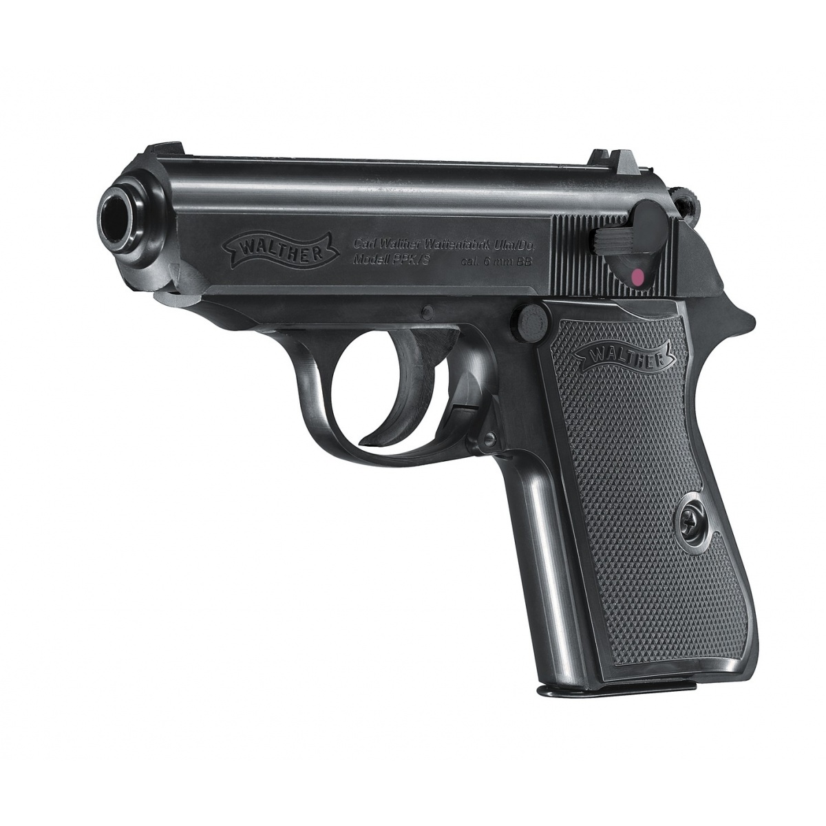 Pistolet à billes Walther PPK/S noir vu de trois quarts avant, bannière Walther sur la culasse et la poignée