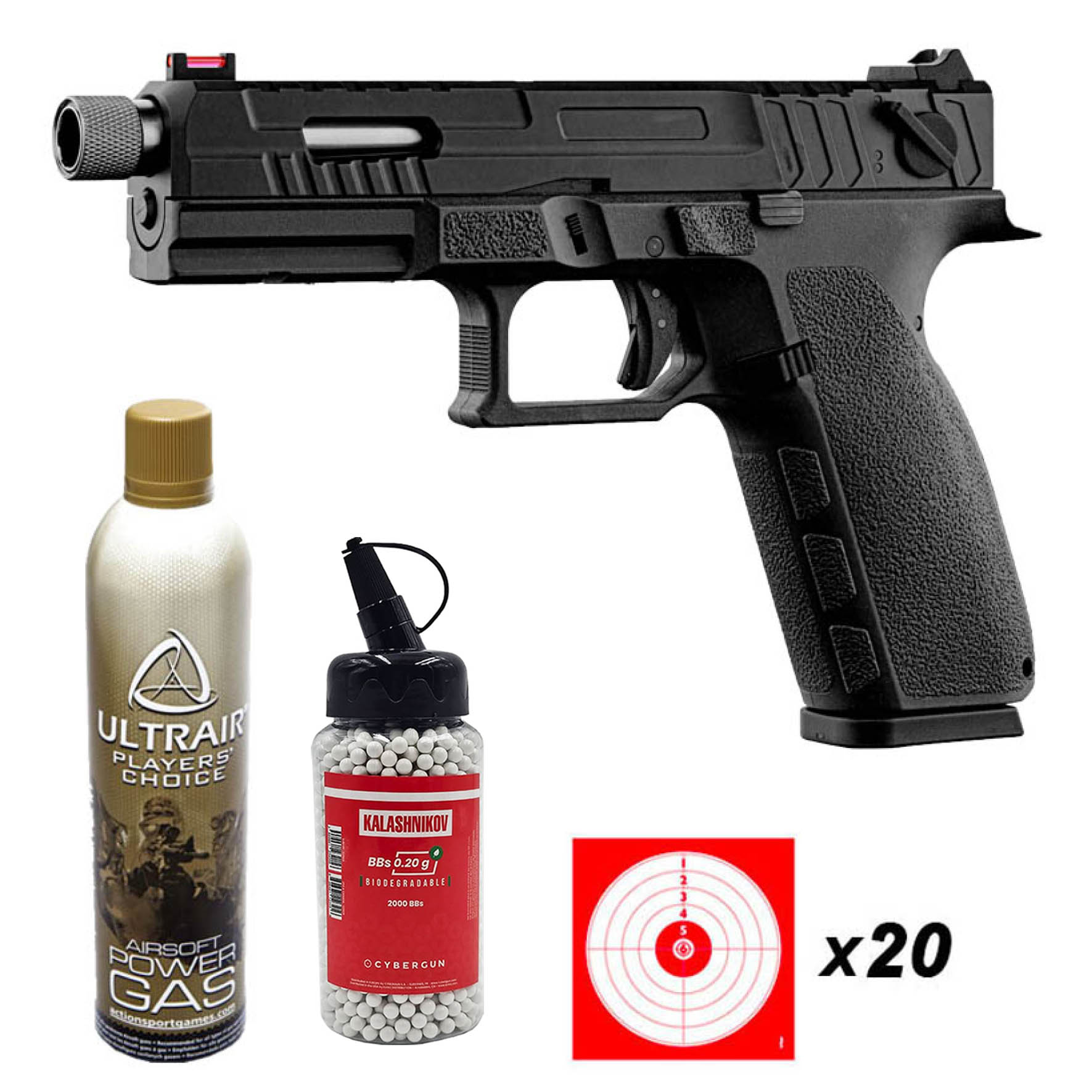 Pack KJ Works KP-13 : réplique noire, bouteille de gaz Ultrair, biberon de billes et 20 cibles