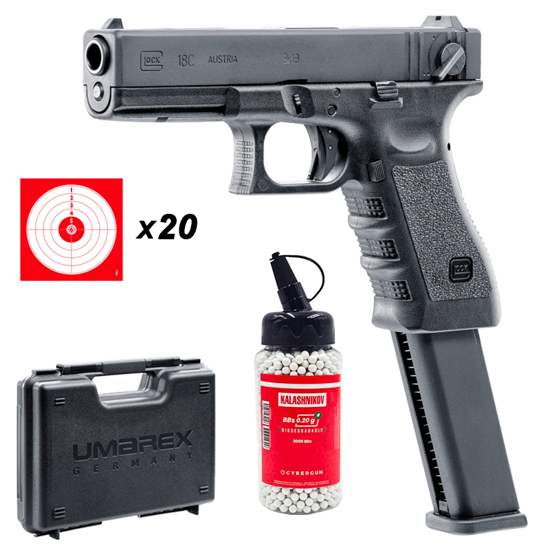 Pack Glock 18C : réplique noire avec chargeur étendu, mallette Umarex, biberon de billes et 20 cibles