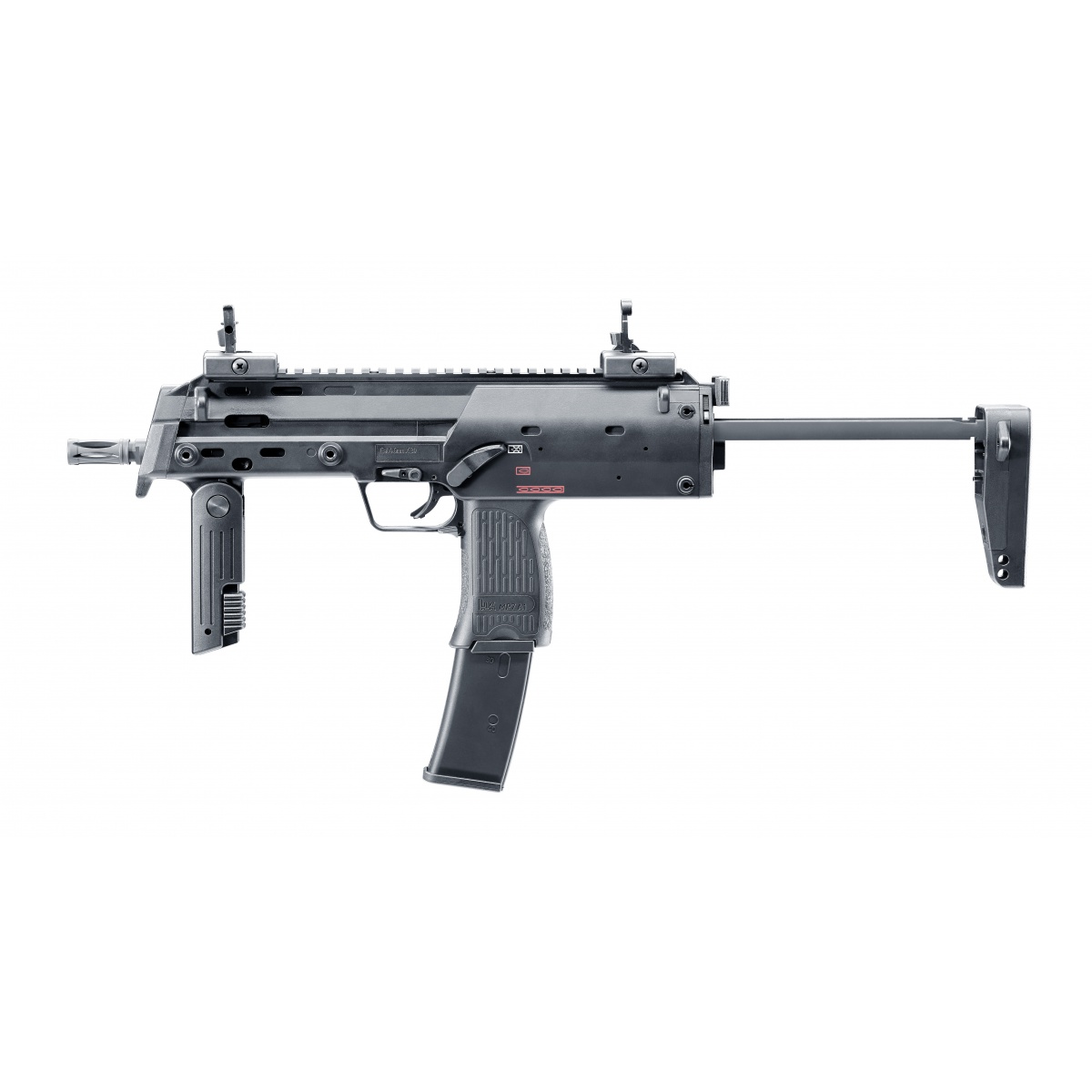 Réplique airsoft HK MP7 vue du côté gauche, crosse déployée, hausse et guidon sur le rail supérieur