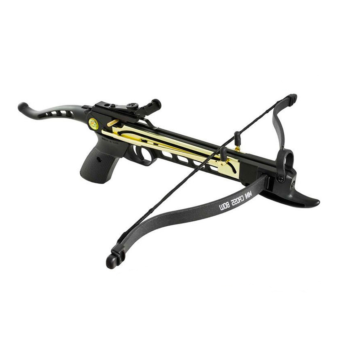 Pistolet arbalète Man Kung Cobra vu de trois quarts, arc marqué Mini Cross Bow