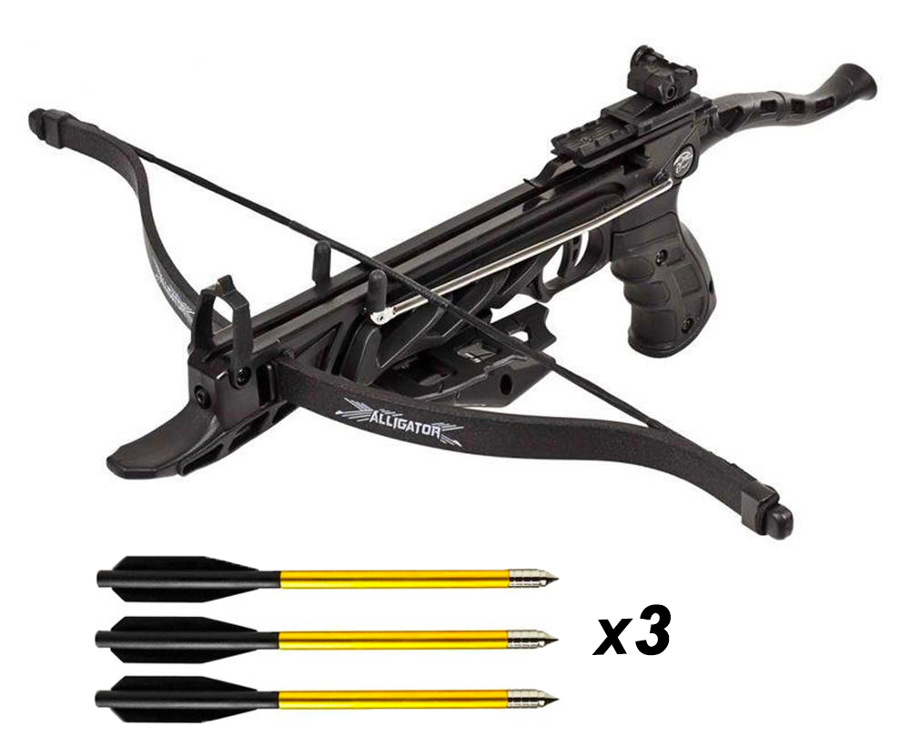 Pistolet arbalète Man Kung Alligator noir présenté avec ses 3 traits dorés à empennage noir