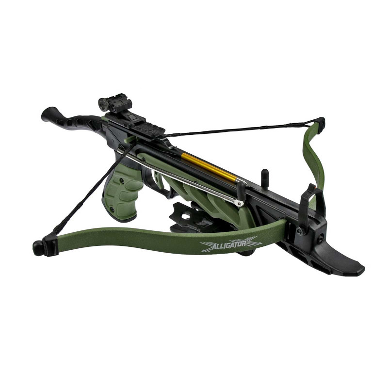 Pistolet arbalète Alligator vert vu de trois quarts avant, arc vert marqué Alligator
