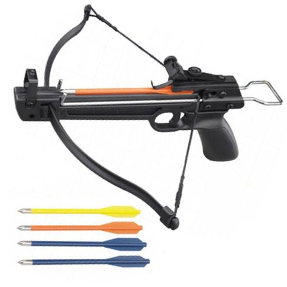 Pistolet arbalète noir 50 lbs avec un trait orange engagé et quatre traits de couleur posés à côté