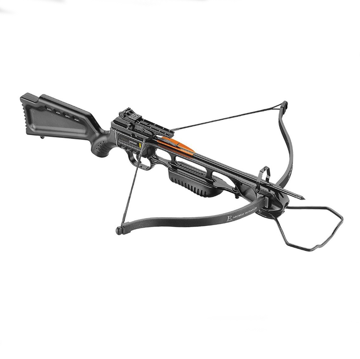 Arbalète JAG-1 noire vue de trois quarts arrière, crosse en polymère et étrier d’armement