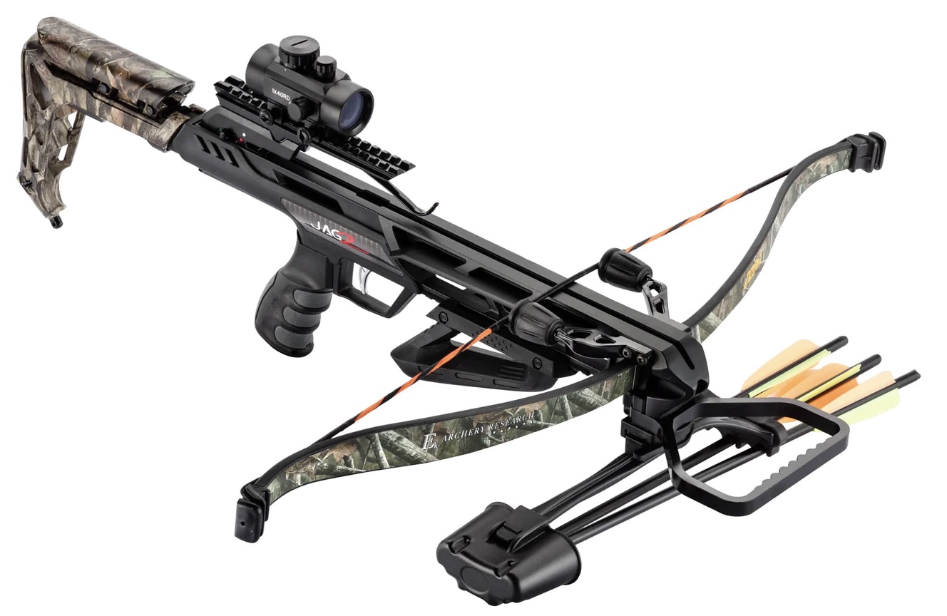 Arbalète EK Archery JAG II Pro à crosse et arc camo, viseur red dot et carquois garni de 3 traits