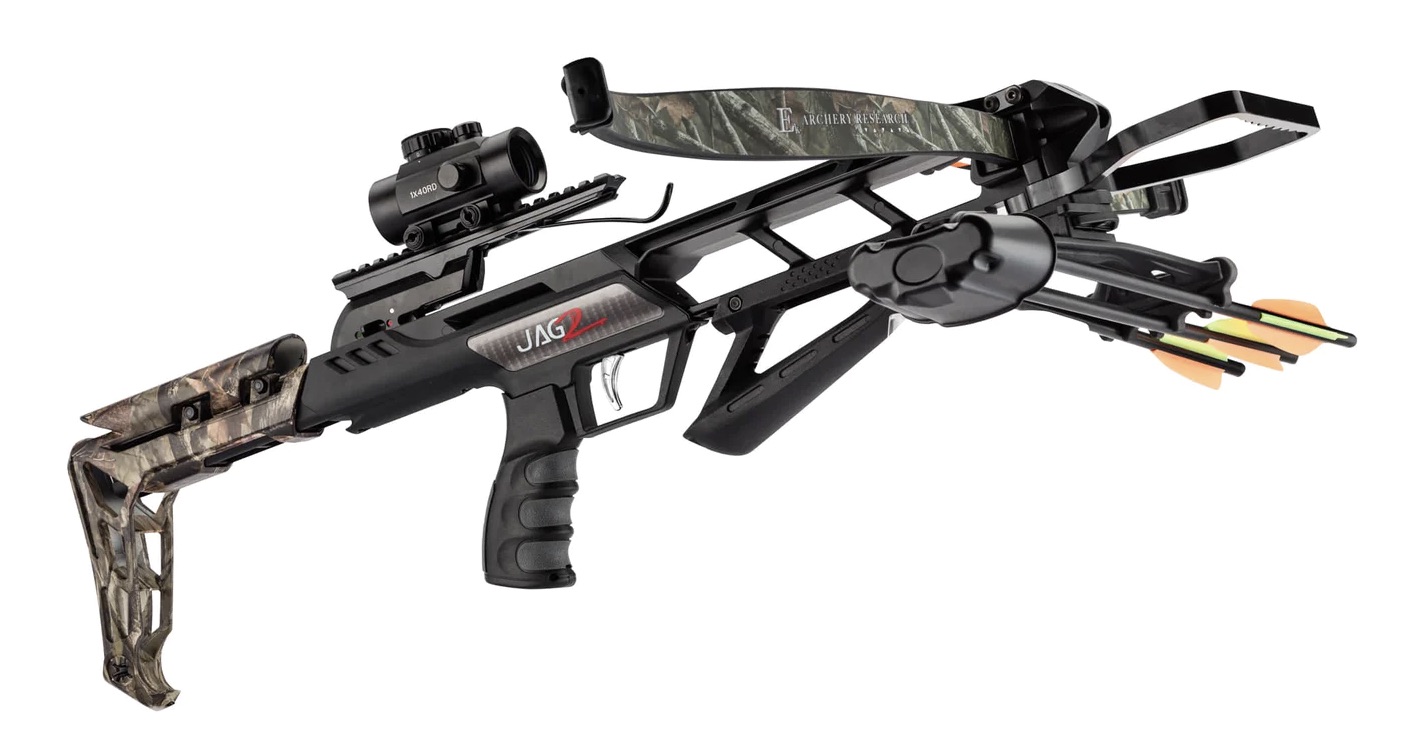 Arbalète JAG II Pro camo vue de dessous, marquage JAG 2 sur le boîtier et carquois fixé à l’avant