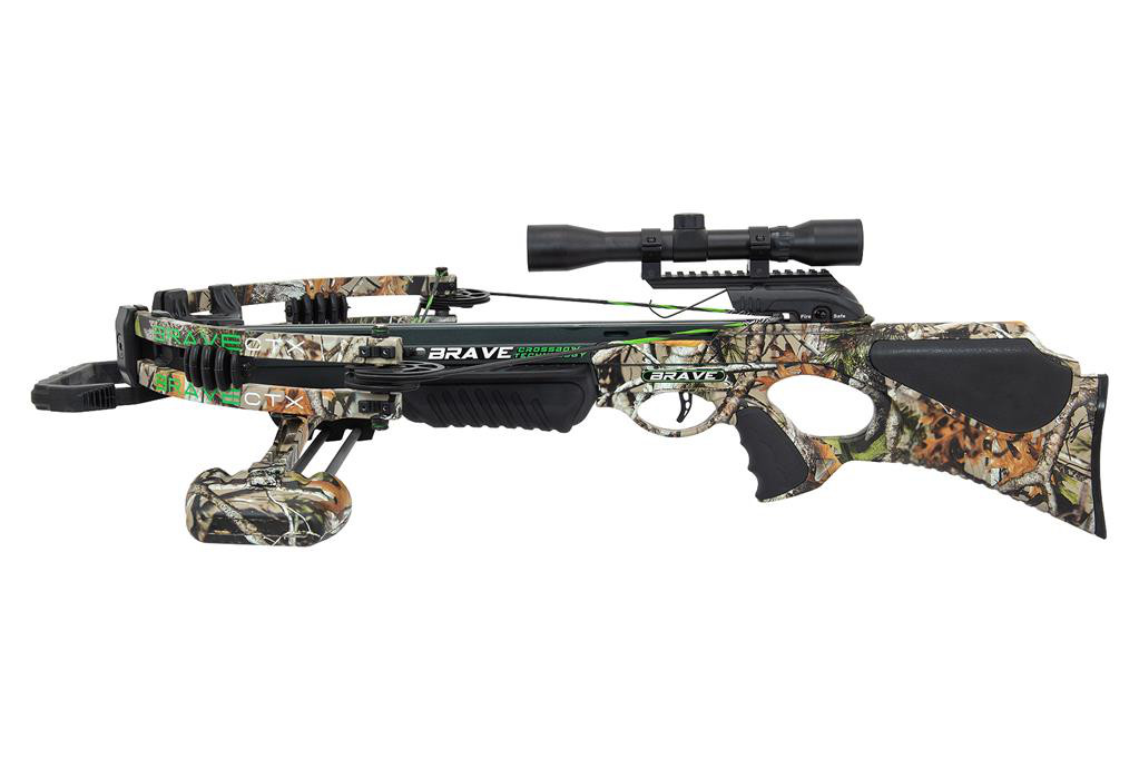 Arbalète Brave 360 camouflage vue de profil, crosse à trou de pouce et lunette sur rail