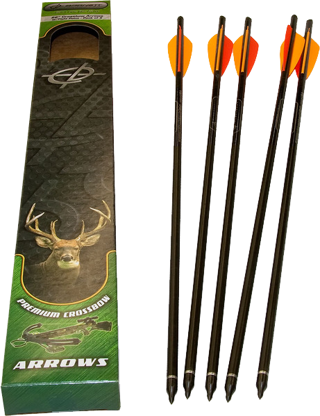 Cinq traits d’arbalète Barnett à tube noir et ailettes orange posés à côté de leur boîte verte et noire