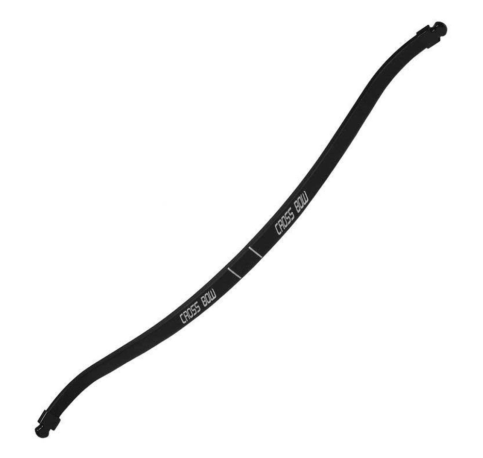 Arc d’arbalète noir en fibre de verre, marqué Cross Bow sur chaque branche, deux repères blancs au centre