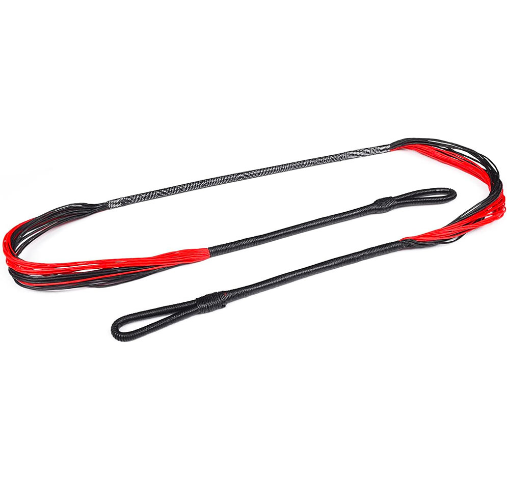 Corde d’arbalète à brins noirs et rouges, tranche-fil central gris et boucles gainées de noir aux extrémités