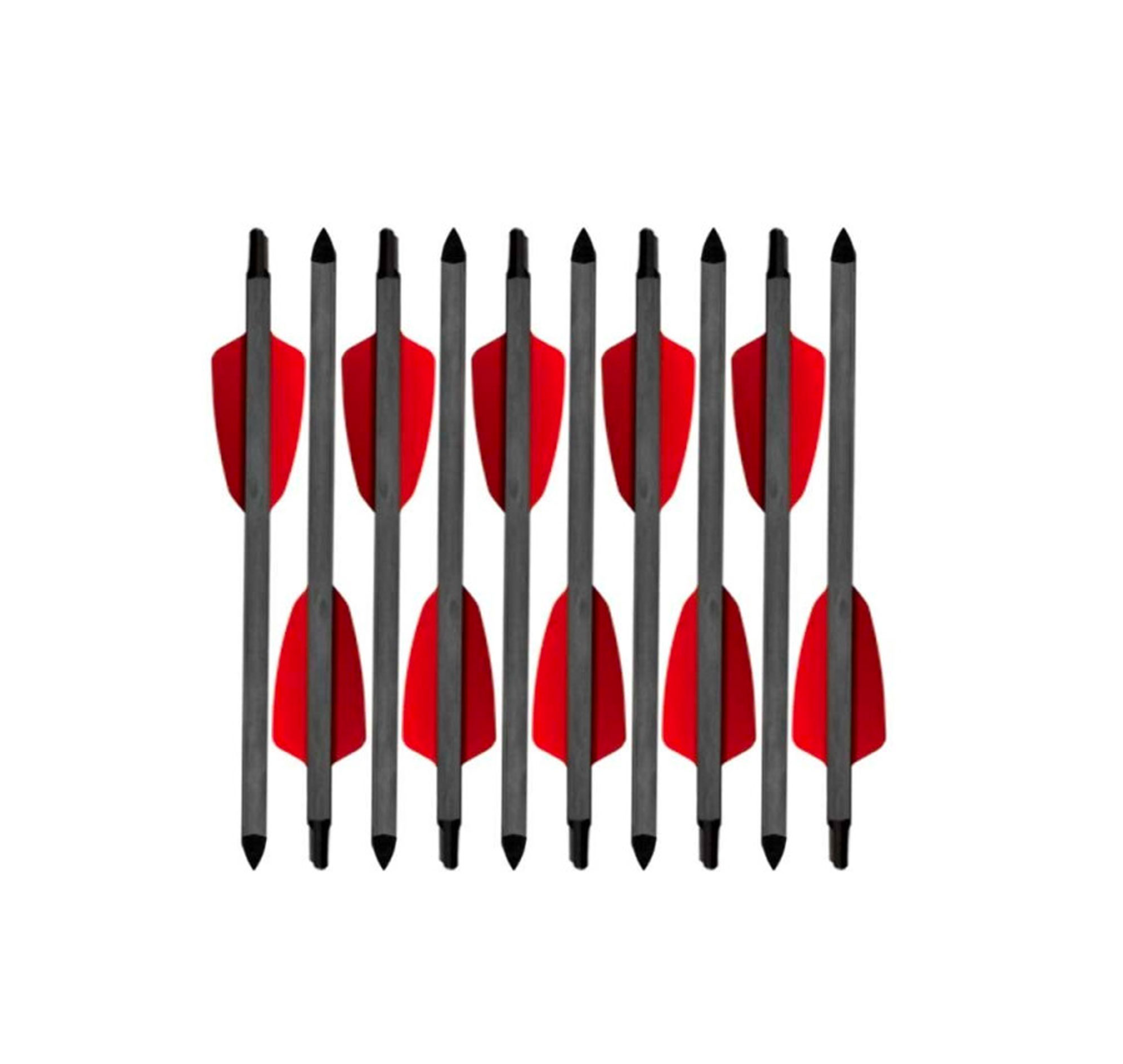 Dix flèches courtes à fût gris et empennage rouge, rangées tête-bêche